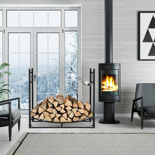 33 Inch Firewood Rack with Removable Kindling Holder Steel Fireplace Wood, Black Log Storage Black at Gallery Canada