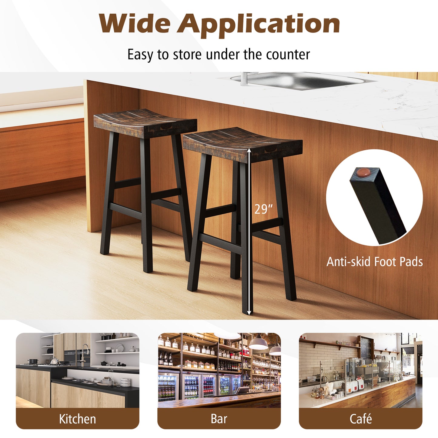 29 Inch Solid Wood Saddle Seat, Curved Surface, Footrests, Wood Bar Stools at Gallery Canada