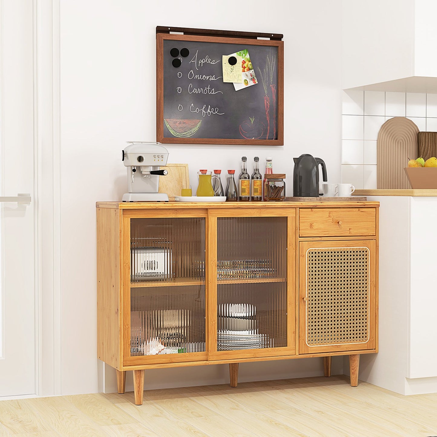 Modern Bamboo Buffet Sideboard Cabinet with Tempered Glass Sliding Doors, Natural