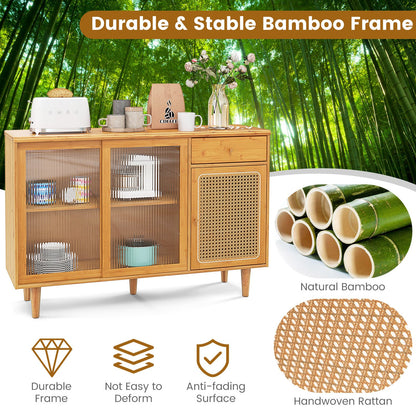 Modern Bamboo Buffet Sideboard Cabinet with Tempered Glass Sliding Doors, Natural