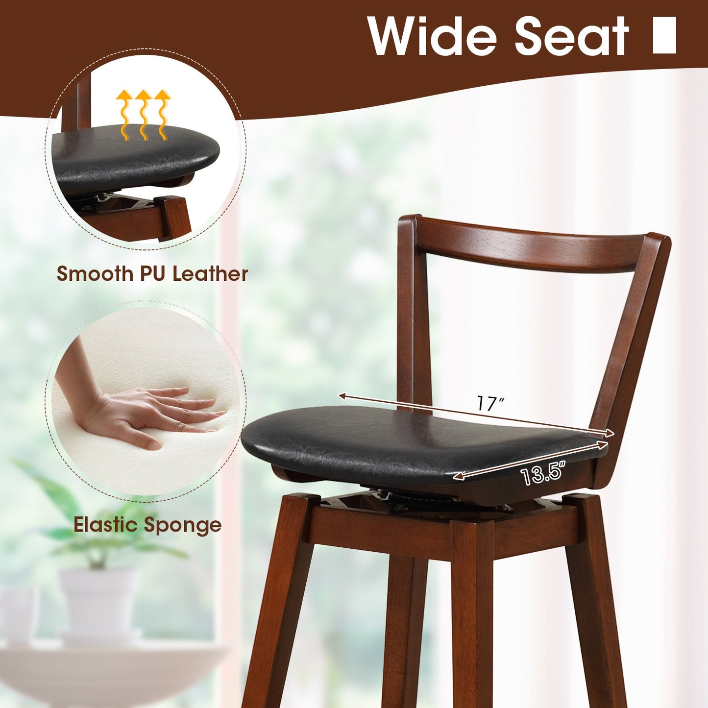 Swivel Upholstered PU Leather Stool with Backrest and Cushioned Seat-30.5 inches, Brown