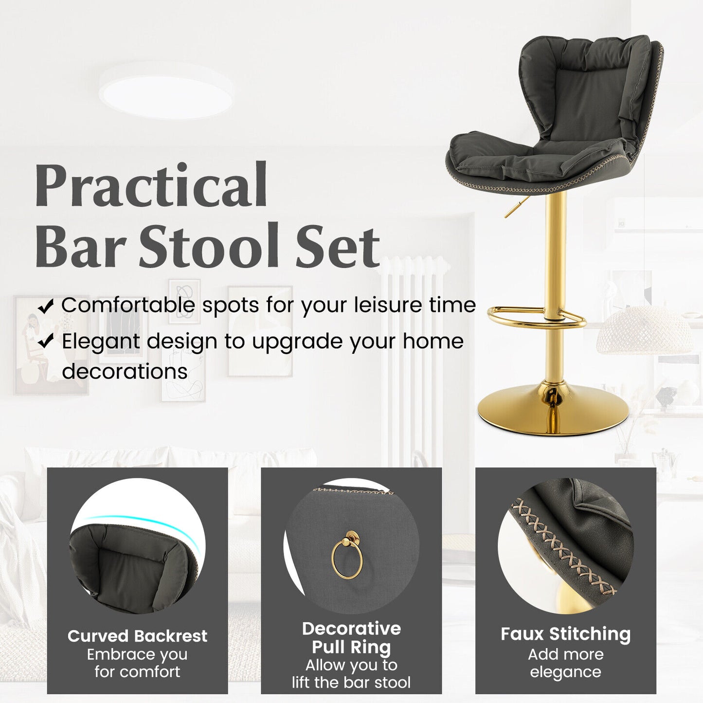 Set Of 2 Swivel Bar Stools, PU Leather, With Footrest And Curved Backrest, Gray Bar Stools at Gallery Canada
