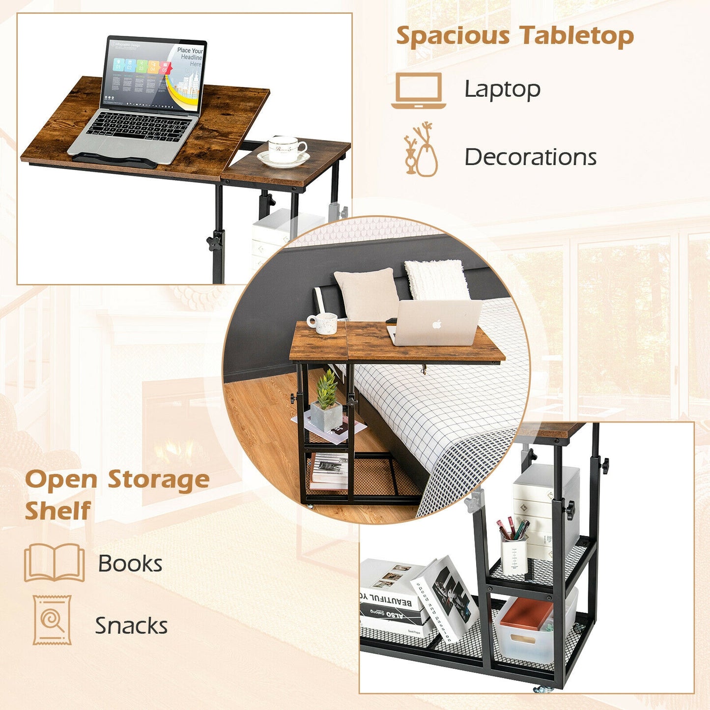 Adjustable C-Shaped Bedside Table, Rustic Brown End & Side Tables at Gallery Canada
