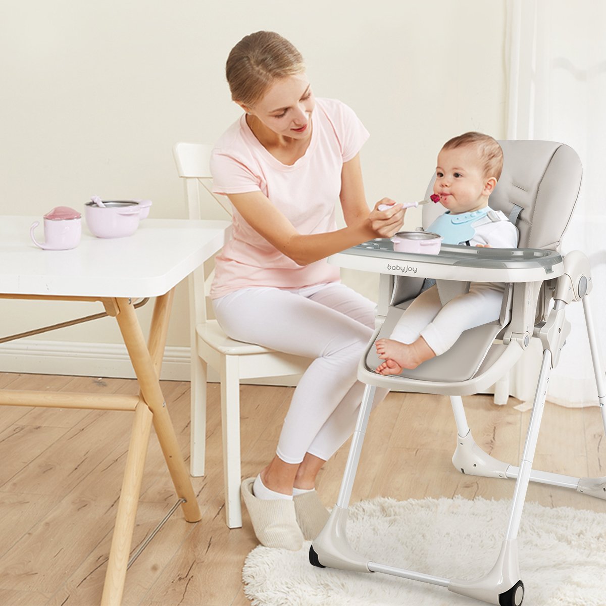 Baby Convertible High Chair with Wheels, Gray