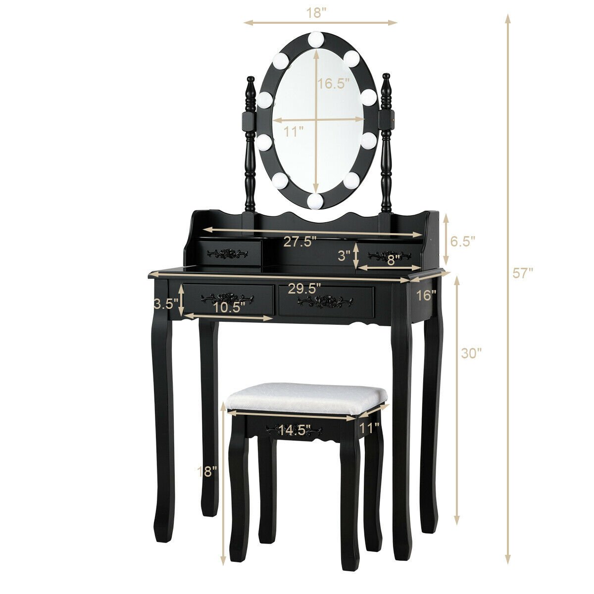 Makeup Dressing Table with Touch Switch Lighted Mirror and Cushioned Stool, Black at Gallery Canada