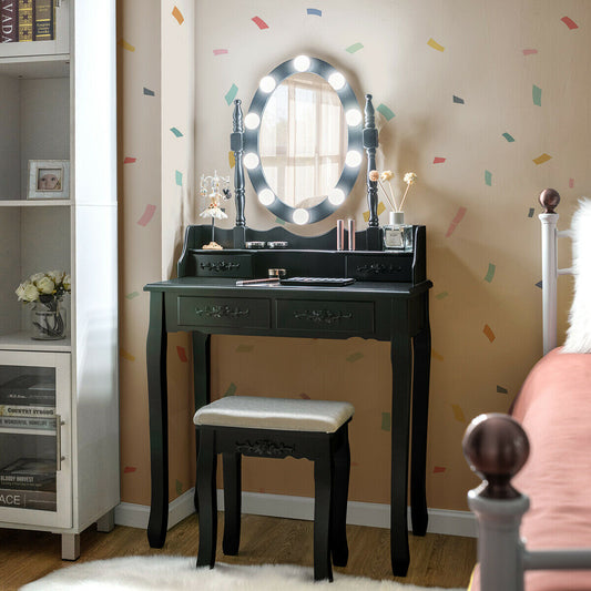 Makeup Dressing Table, Touch Switch Lighted Mirror, Cushioned Stool, Black Makeup Vanities Black at Gallery Canada