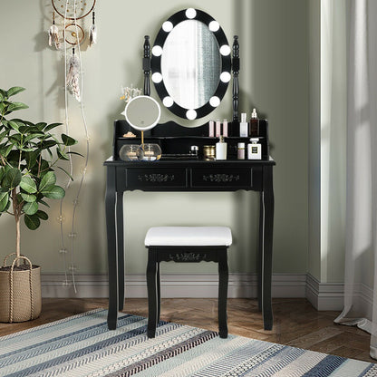 Makeup Dressing Table with Touch Switch Lighted Mirror and Cushioned Stool, Black at Gallery Canada