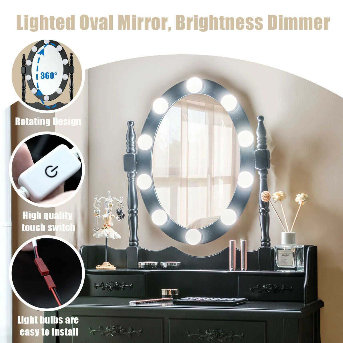Makeup Dressing Table, Touch Switch Lighted Mirror, Cushioned Stool, Black Makeup Vanities at Gallery Canada