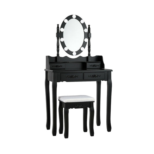 Makeup Dressing Table with Touch Switch Lighted Mirror and Cushioned Stool, Black