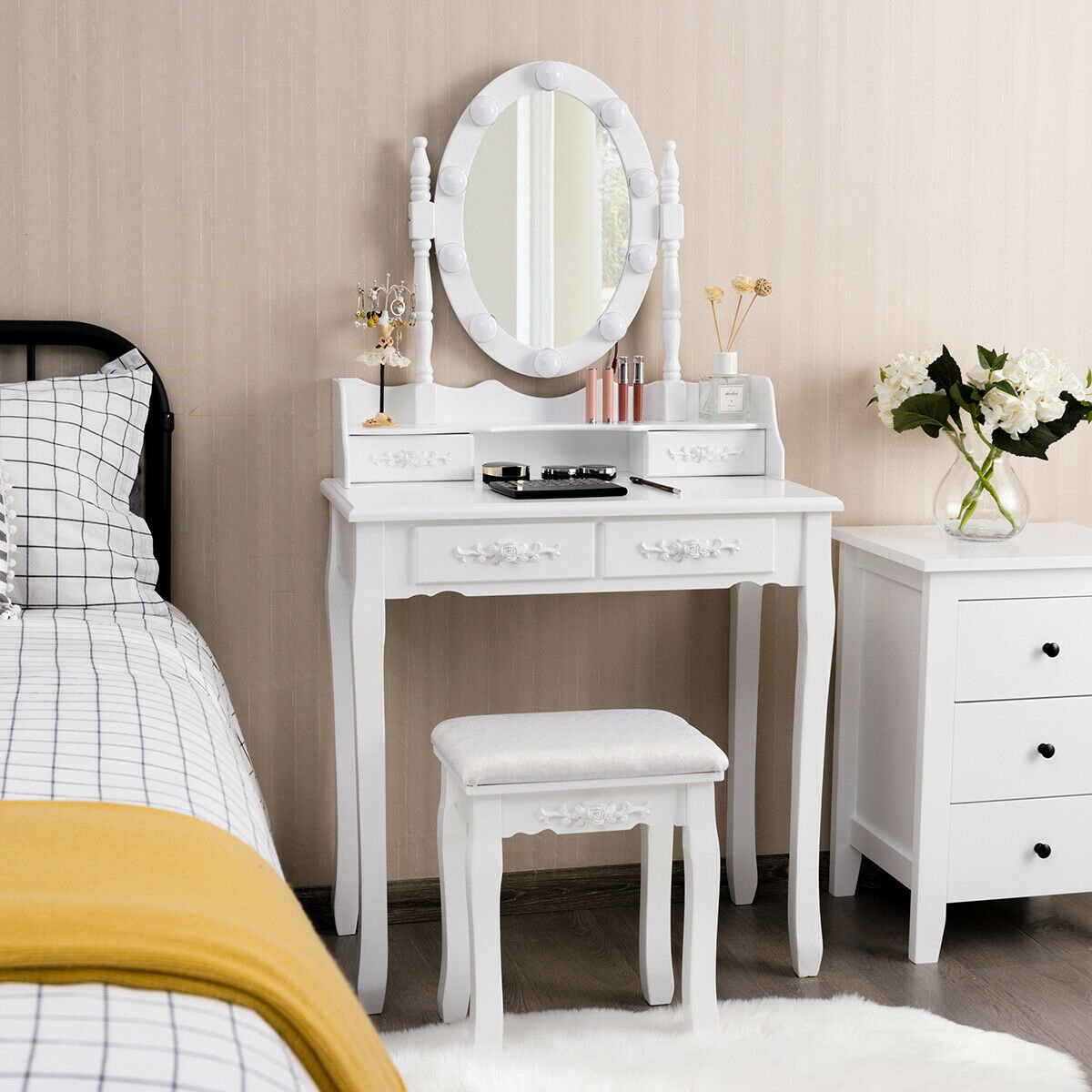 Makeup Dressing Table with Touch Switch Lighted Mirror and Cushioned Stool, White at Gallery Canada