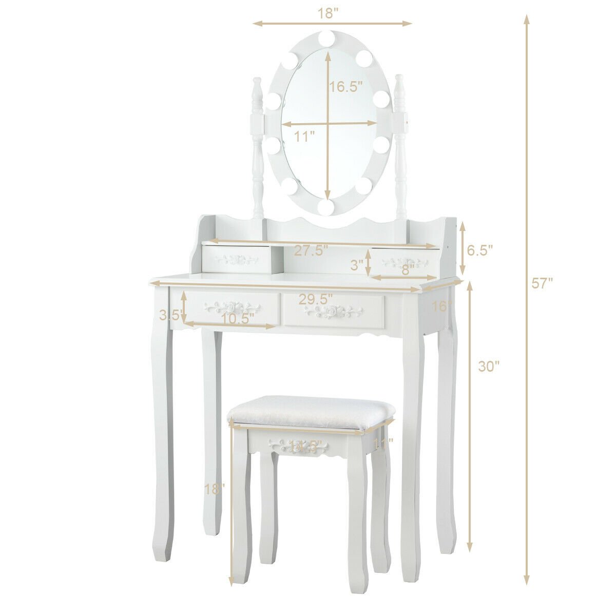 Makeup Dressing Table with Touch Switch Lighted Mirror and Cushioned Stool, White at Gallery Canada