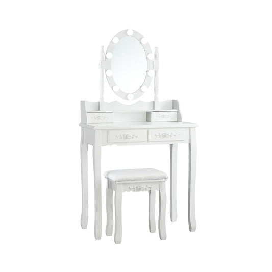 Makeup Dressing Table with Touch Switch Lighted Mirror and Cushioned Stool, White
