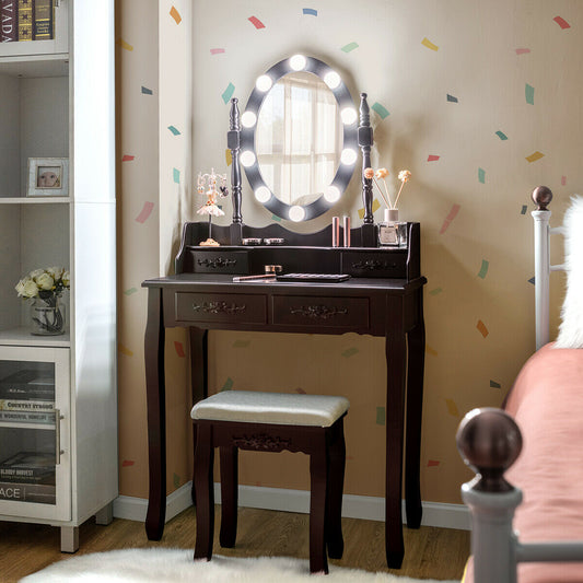 Makeup Dressing Table With Touch Switch Lighted Mirror, Cushioned Stool, Brown Makeup Vanities Brown at Gallery Canada