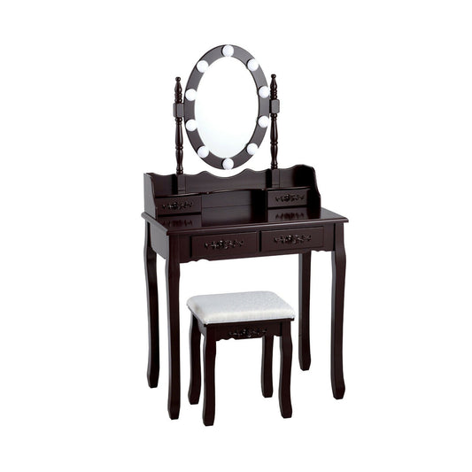 Makeup Dressing Table with Touch Switch Lighted Mirror and Cushioned Stool, Brown