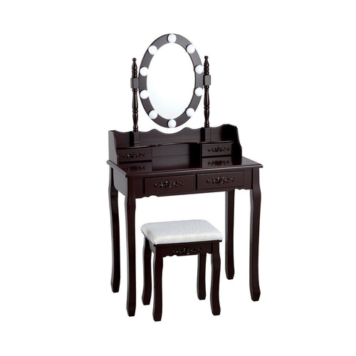 Makeup Dressing Table with Touch Switch Lighted Mirror and Cushioned Stool, Brown