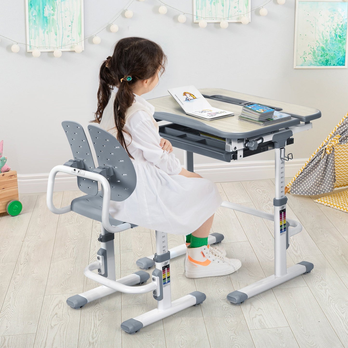 Height Adjustable Kids Study Desk and Chair Set, Gray