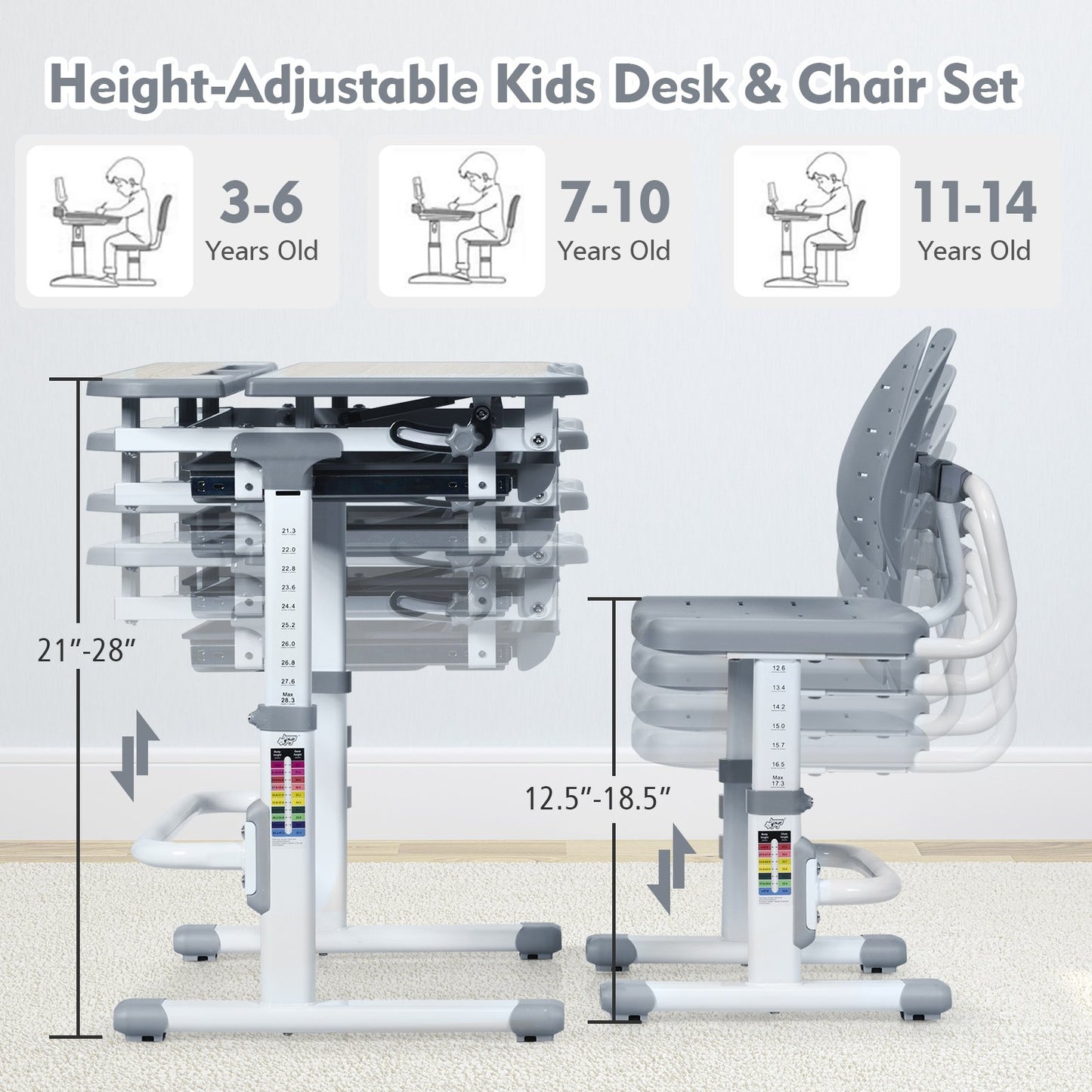 Height Adjustable Kids Study Desk and Chair Set, Gray
