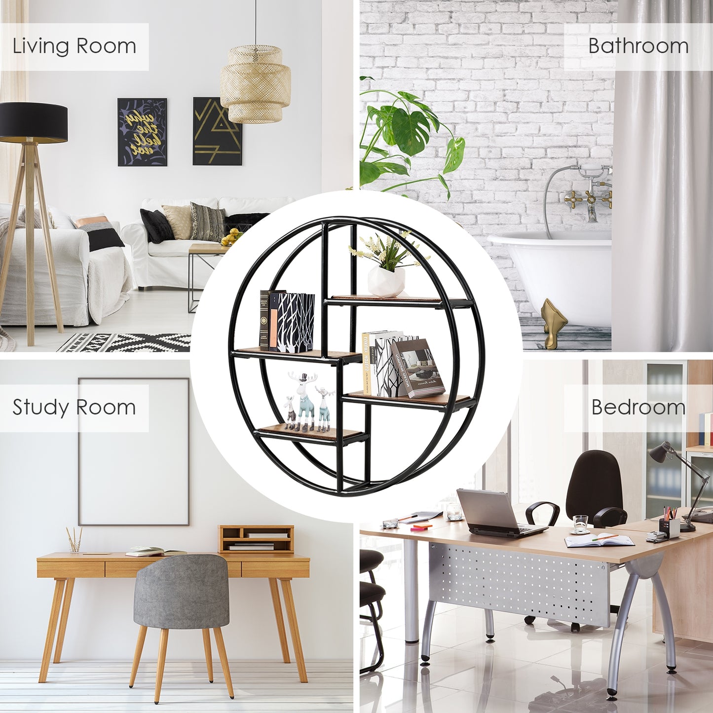 Hanging Storage Shelf Circular Wall-Mounted 4-Tier Rack, Black Bookcases at Gallery Canada