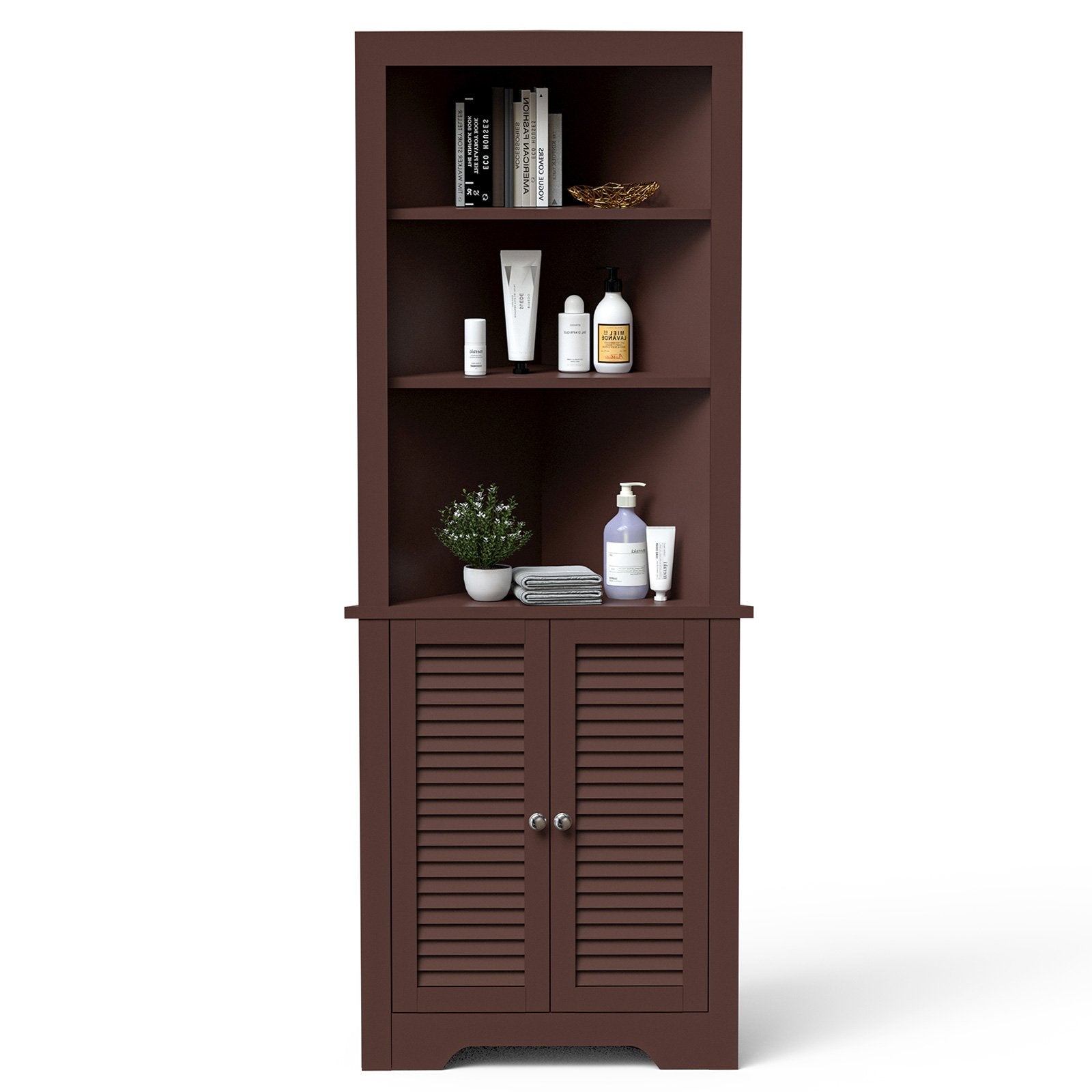 Free Standing Tall Bathroom Corner Storage Cabinet with 3 Shelves, Brown at Gallery Canada