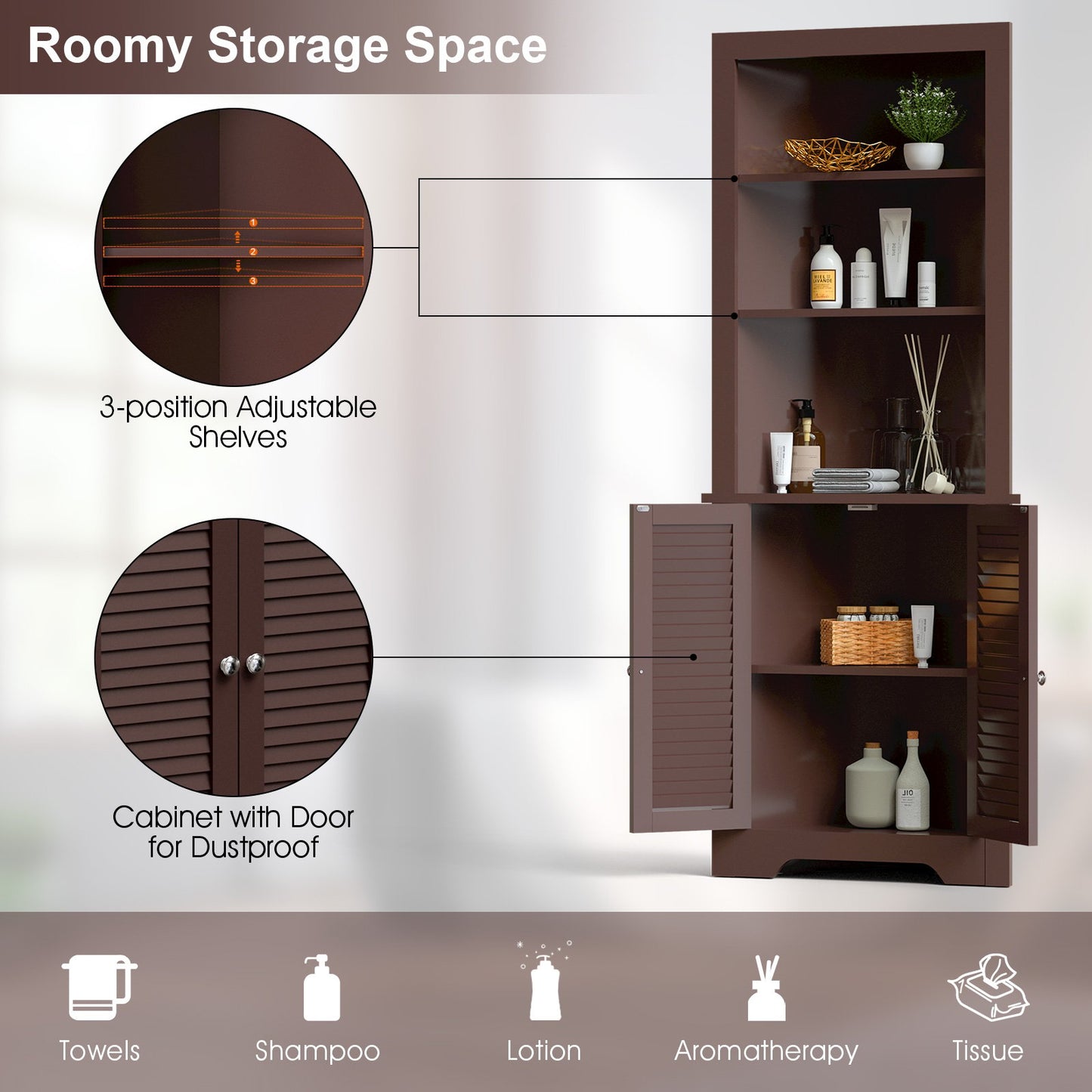 Free Standing Tall Bathroom Corner Storage Cabinet with 3 Shelves, Brown at Gallery Canada
