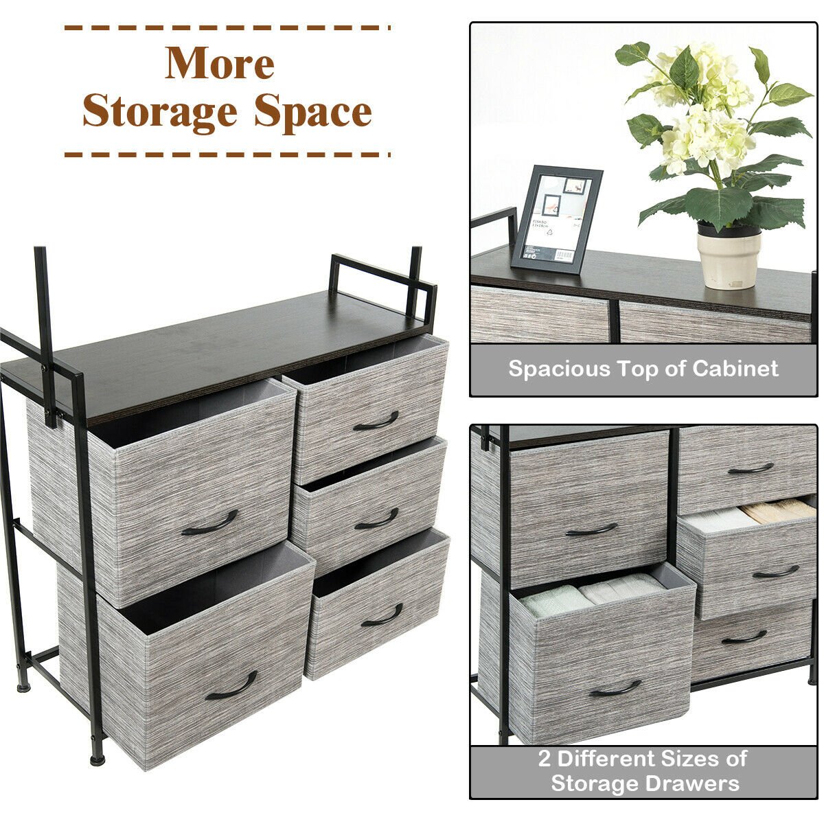 5 Fabric Drawers Dresser with Metal Frame and Wooden Top, Gray at Gallery Canada