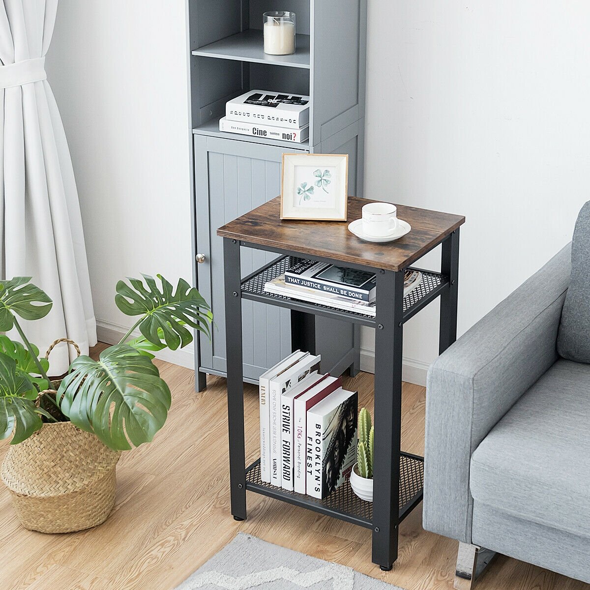 3-Tier Industrial End Table with Metal Mesh Storage Shelves, Rustic Brown at Gallery Canada