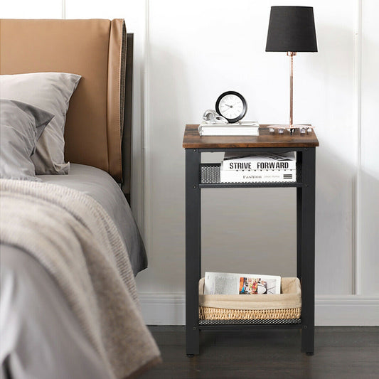 3-Tier Industrial End Table with Metal Mesh Storage Shelves, Rustic Brown Nightstands Rustic Brown at Gallery Canada