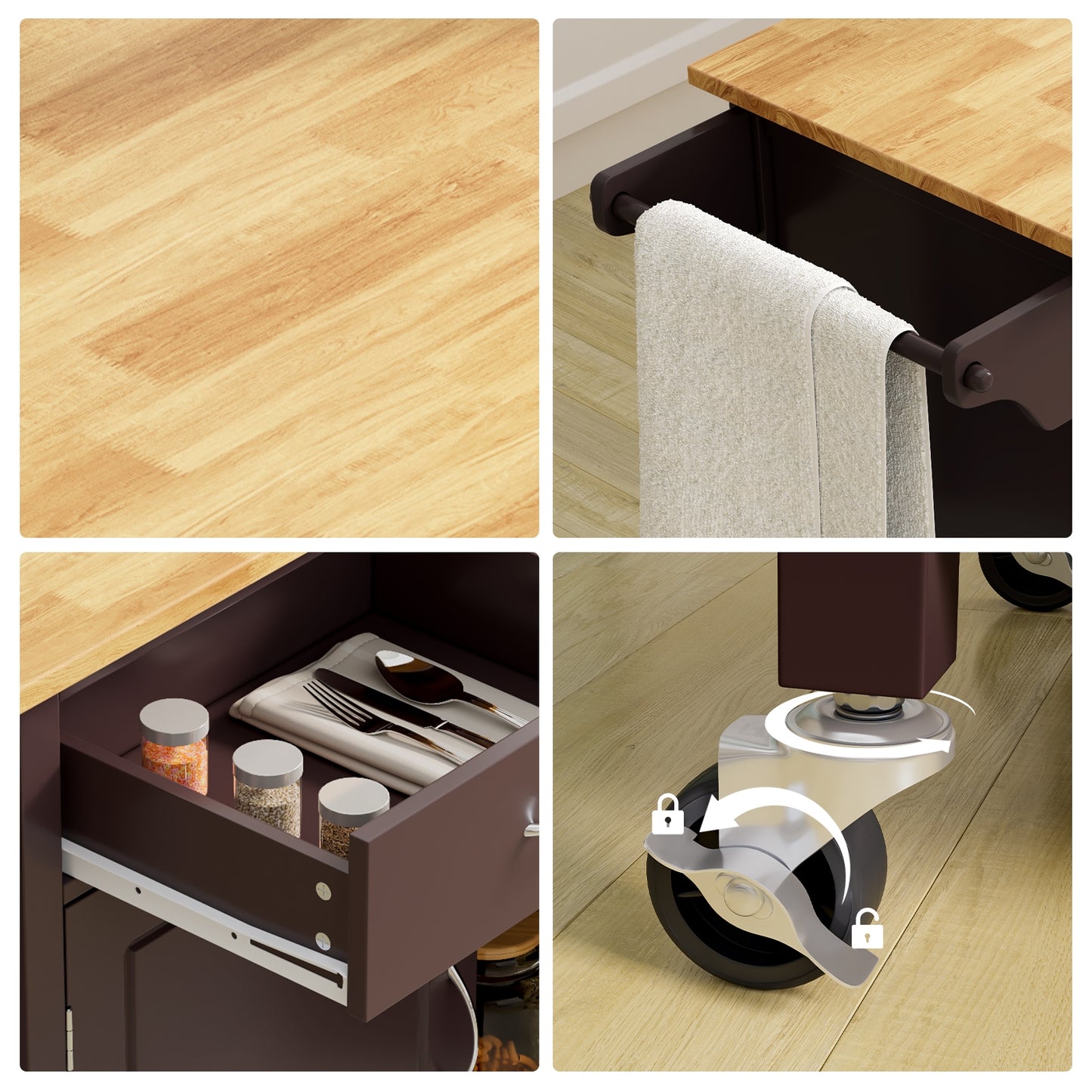 Modern Rolling Kitchen Cart Island with Wooden Top, Brown Kitchen Islands & Carts at Gallery Canada