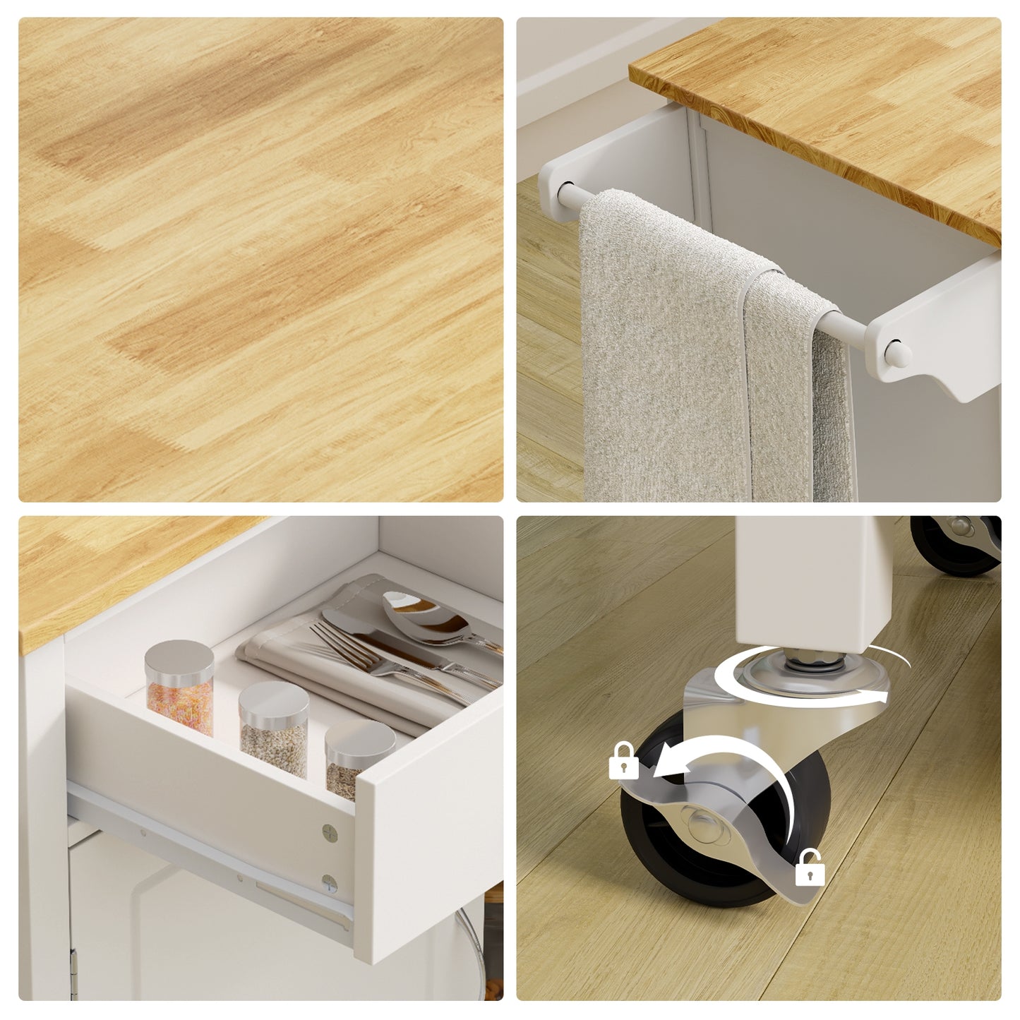Modern Rolling Kitchen Cart Island, Wooden Top, White Kitchen Islands & Carts at Gallery Canada