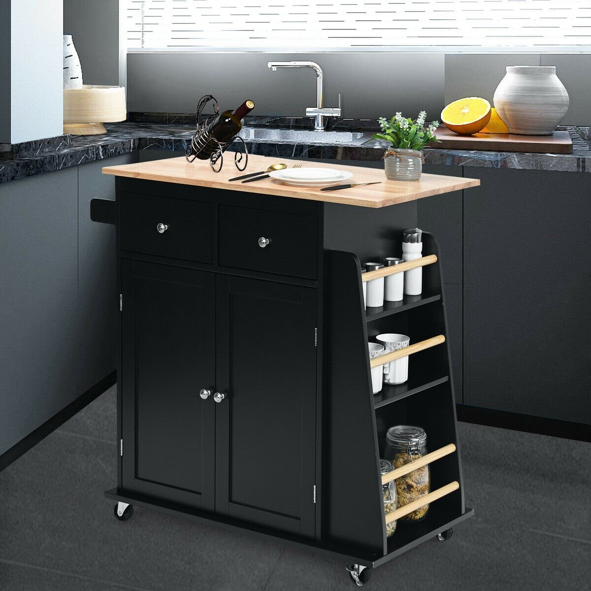 Rubber Wood Countertop Rolling Kitchen Island Cart, Black at Gallery Canada