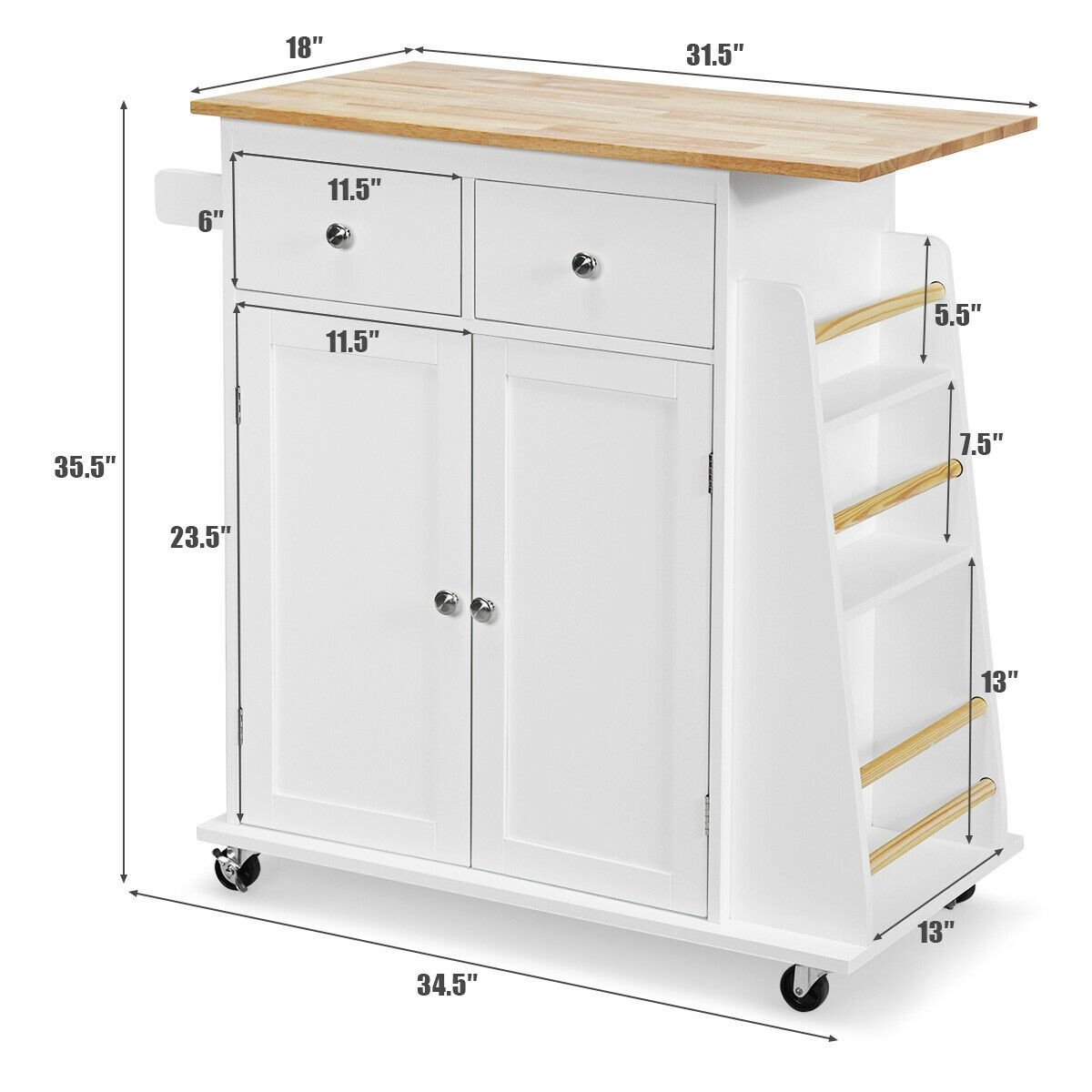 Rubber Wood Countertop Rolling Kitchen Island Cart, White at Gallery Canada