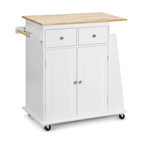 Rubber Wood Countertop Rolling Kitchen Island Cart, White