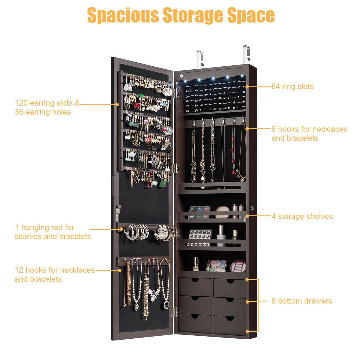 5 LED Lockable Mirror Jewelry Cabinet, 6 Drawers, Brown Jewelry Armoires at Gallery Canada