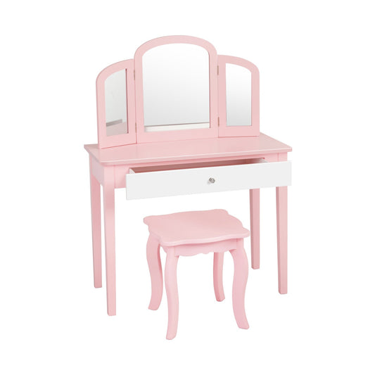 Kids Princess Make Up Dressing Table with Tri-folding Mirror and Chair, Pink