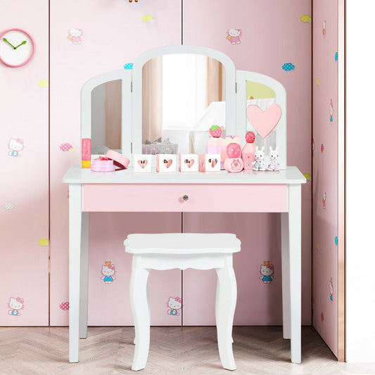 Kids Princess Makeup Dressing Table, Tri-Folding Mirror, Chair, White