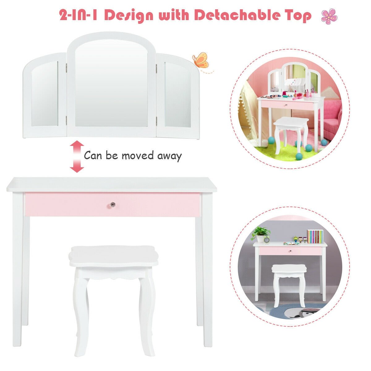 Kids Princess Make Up Dressing Table with Tri-folding Mirror and Chair, White