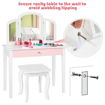 Kids Princess Make Up Dressing Table with Tri-folding Mirror and Chair, White