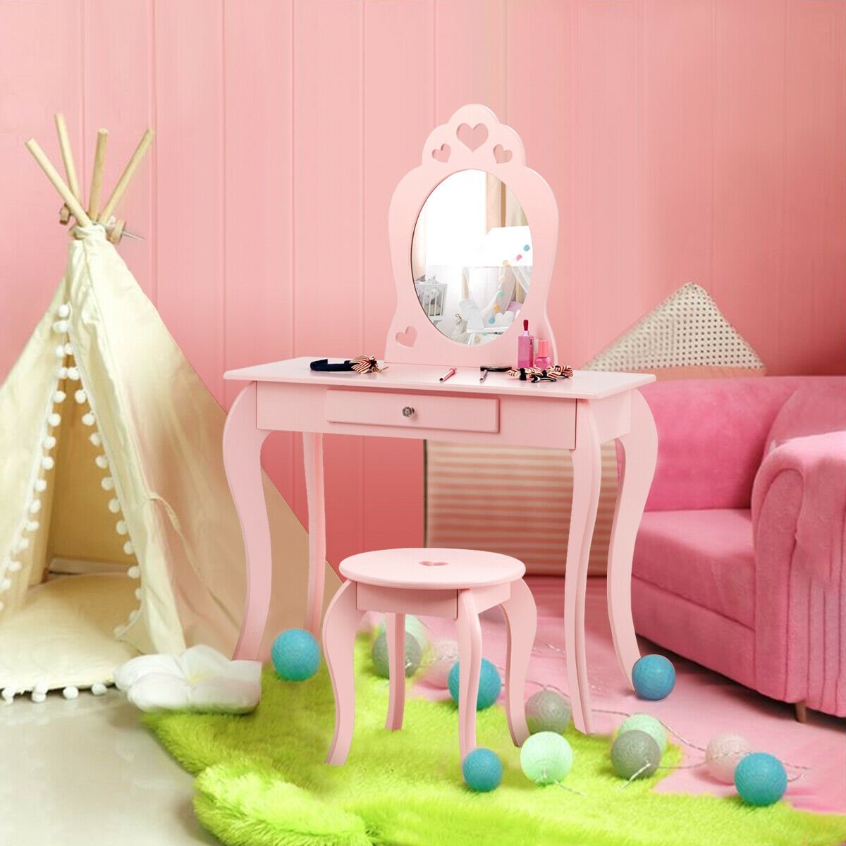 Kids Princess Makeup Dressing Play Table Set with Mirror , Pink at Gallery Canada