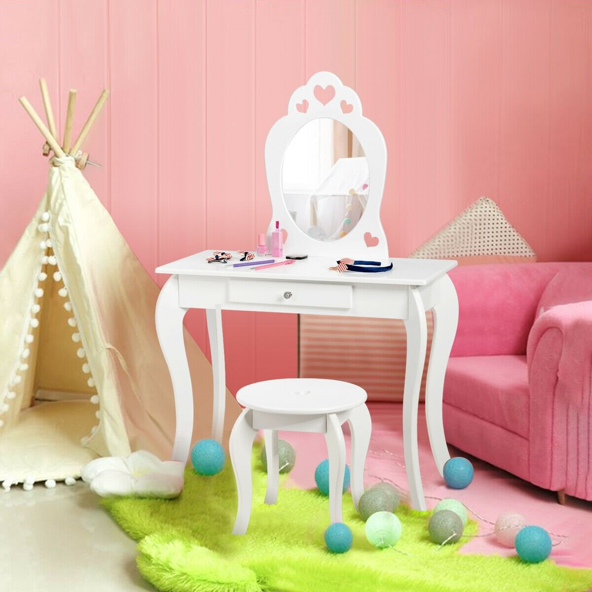 Kids Princess Makeup Dressing Play Table Set with Mirror , White