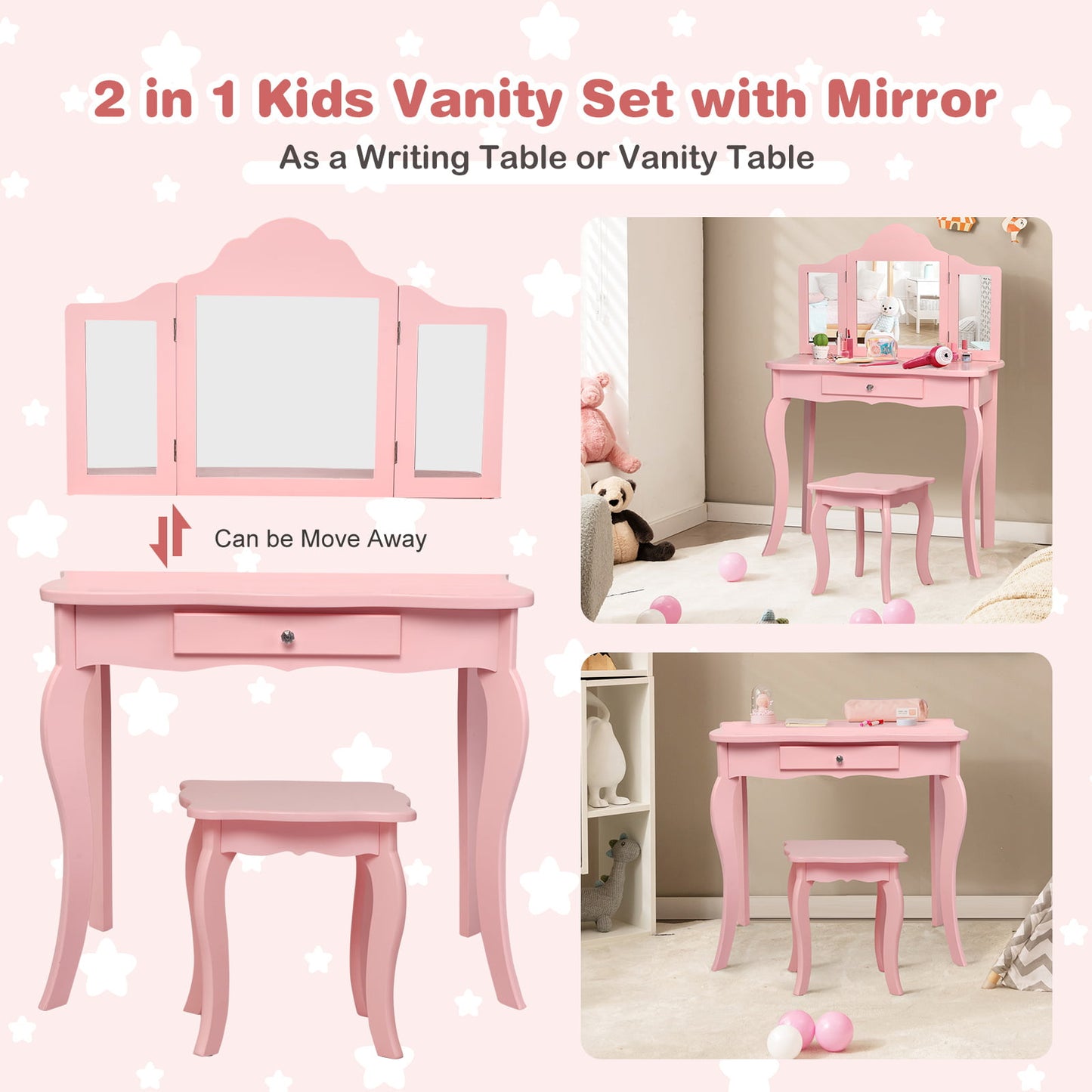 Kids Makeup Dressing Mirror Vanity Table Stool Set, Pink Kids Vanities at Gallery Canada