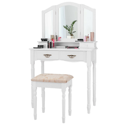 Simple Vanity Set with Tri-Folding Mirror Drawers and Storage Shelf, White