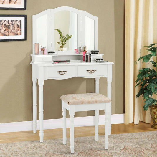 Simple Vanity Set with Tri-Folding Mirror Drawers and Storage Shelf, White Makeup Vanities White at Gallery Canada