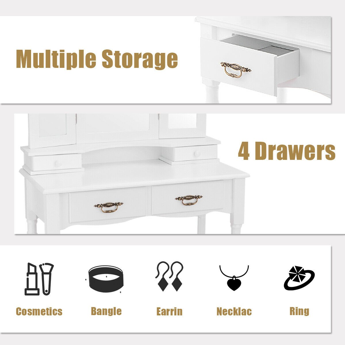 Simple Vanity Set with Tri-Folding Mirror Drawers and Storage Shelf, White