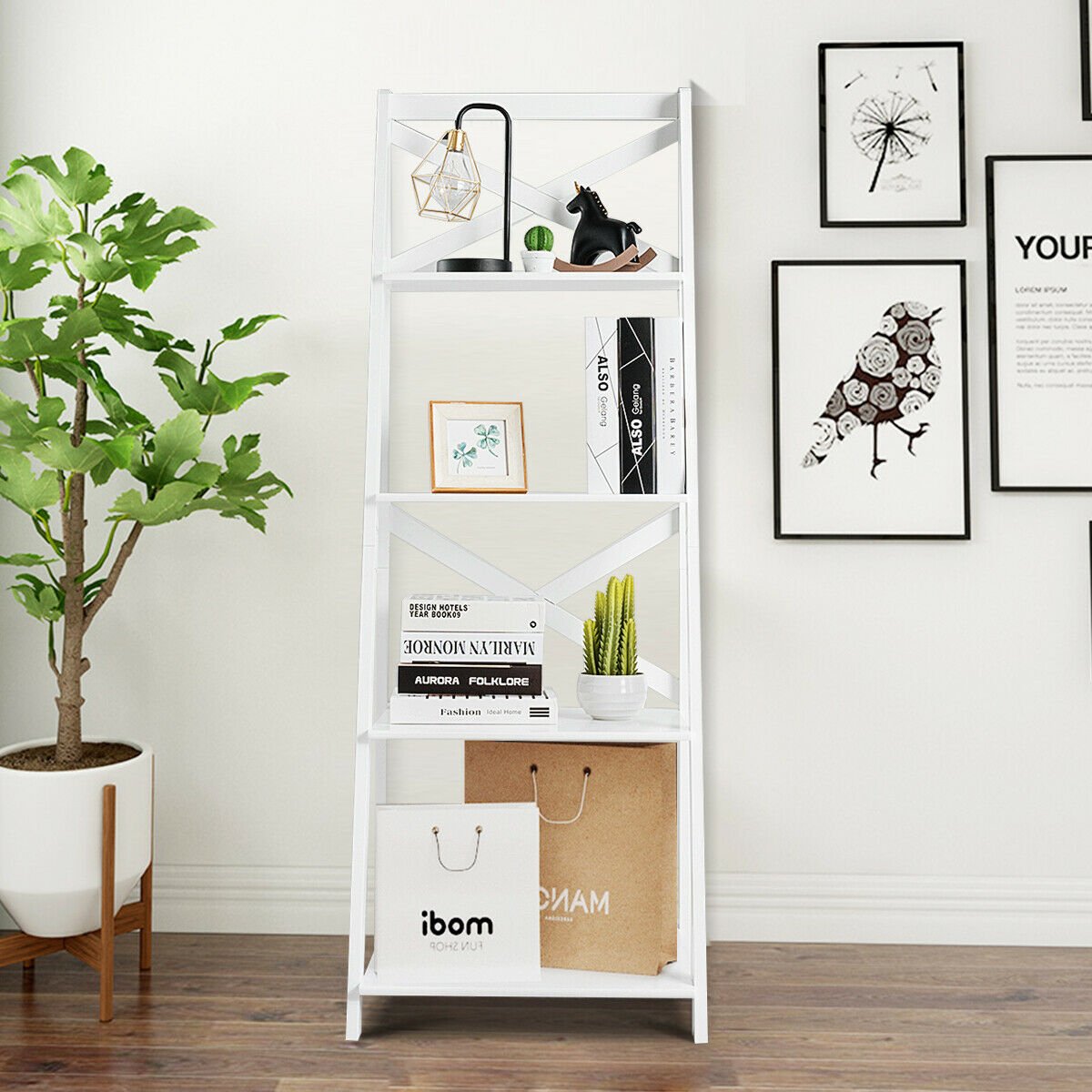 4-tier Leaning Free Standing Ladder Shelf Bookcase, White