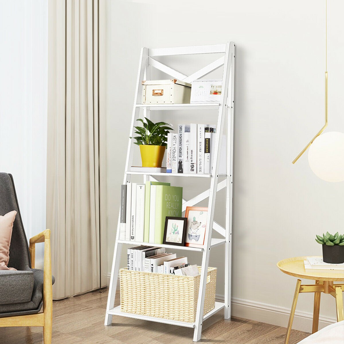 4-tier Leaning Free Standing Ladder Shelf Bookcase, White
