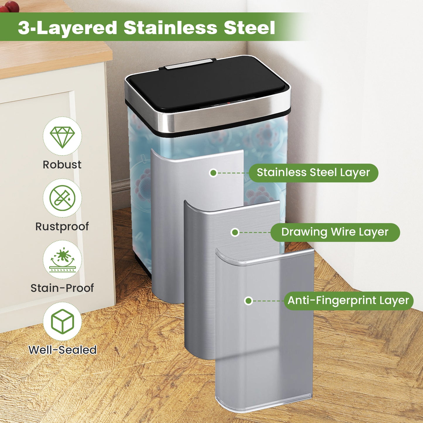 16 Gallon Trash Can Infrared Motion Sensor Garbage Can with Dual Compartments, Silver Kitchen Trash Cans at Gallery Canada