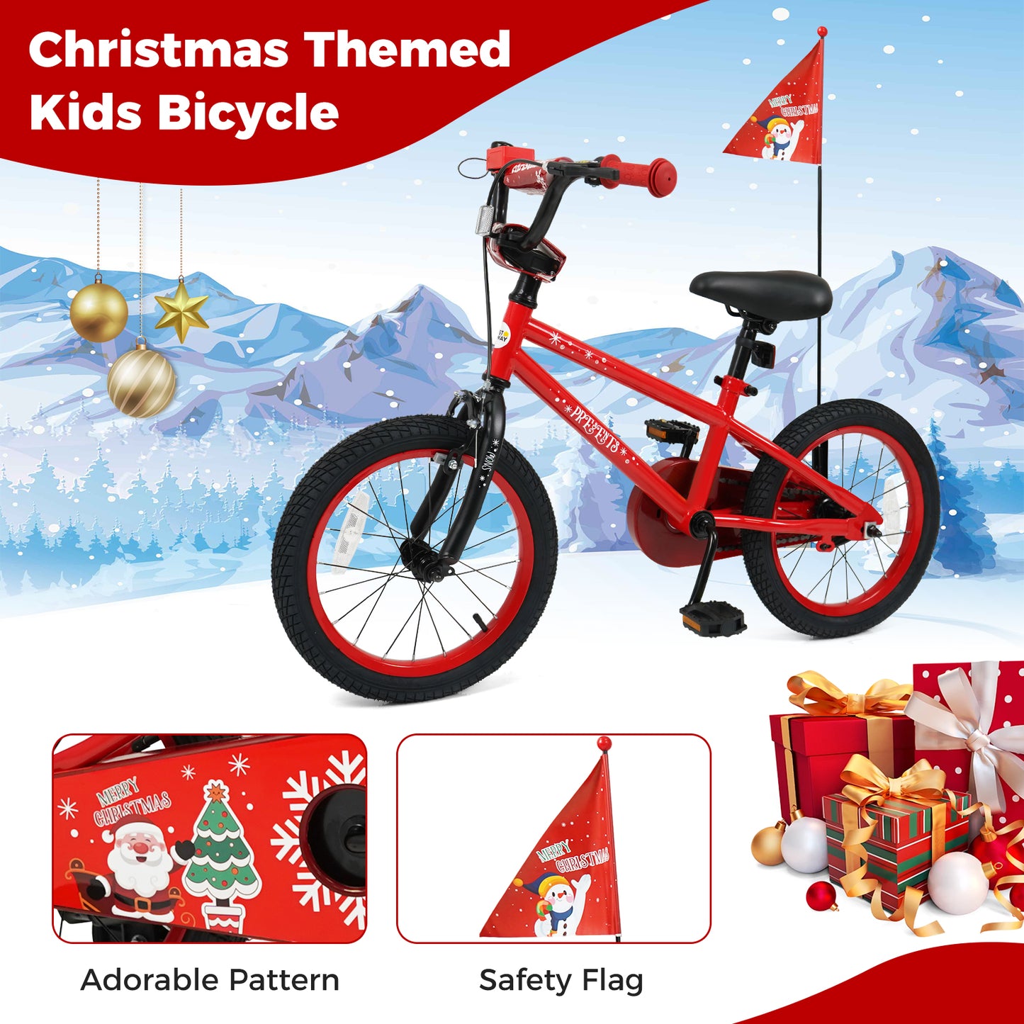 16 Inch Kids Bike Adjustable with Christmas Music & Flag for Aged 4-7 Years Old, Red
