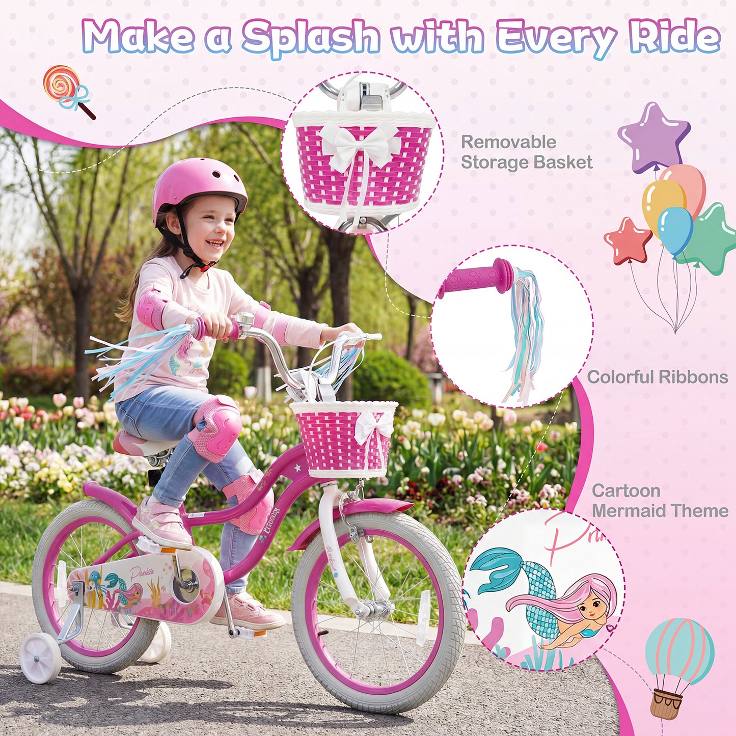 16-Inch Kids Bike Adjustable, Basket, Streamers, Rose Red Kids Bike at Gallery Canada