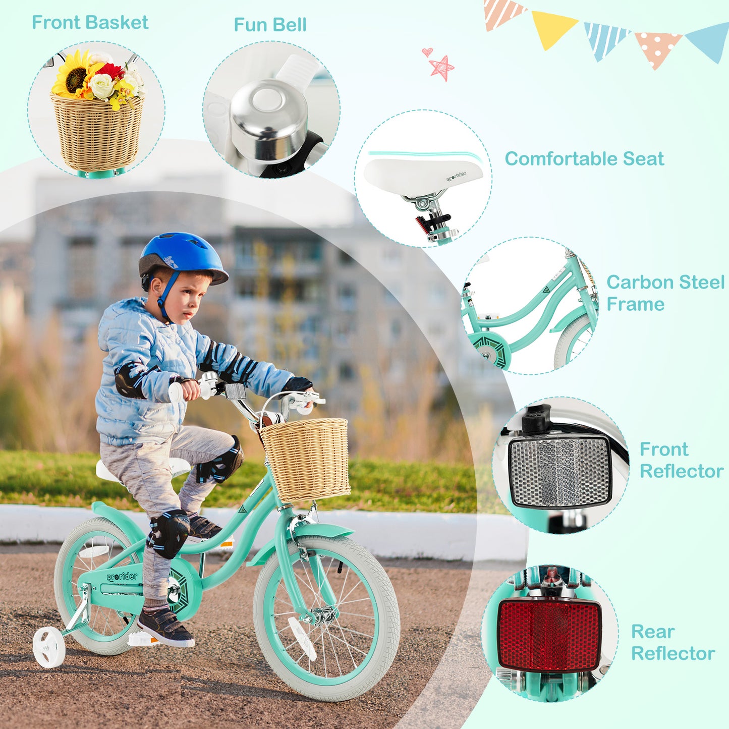 16-Inch Kids Bike With Training Wheels, Adjustable Seat, Green