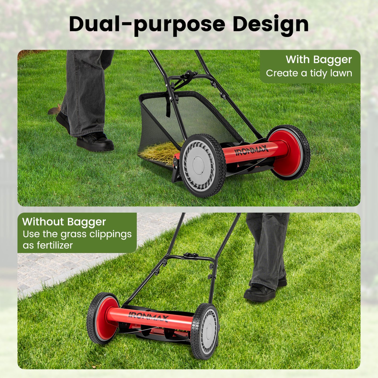 16 Inch Push Lawn Mower, 5 Steel Blades, Grass Catcher Bag, Red Lawn Care Tools at Gallery Canada